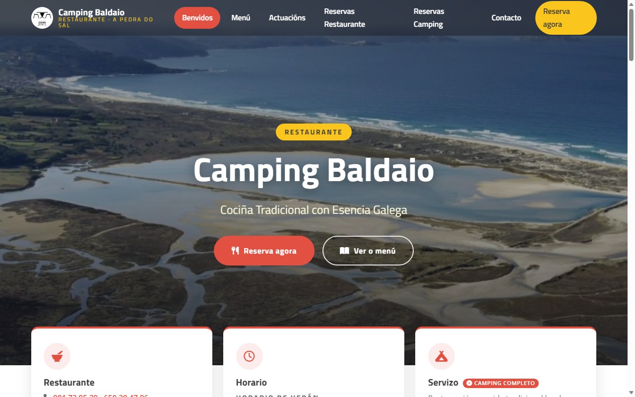 Portada de la web del Restaurante Camping Baldaio