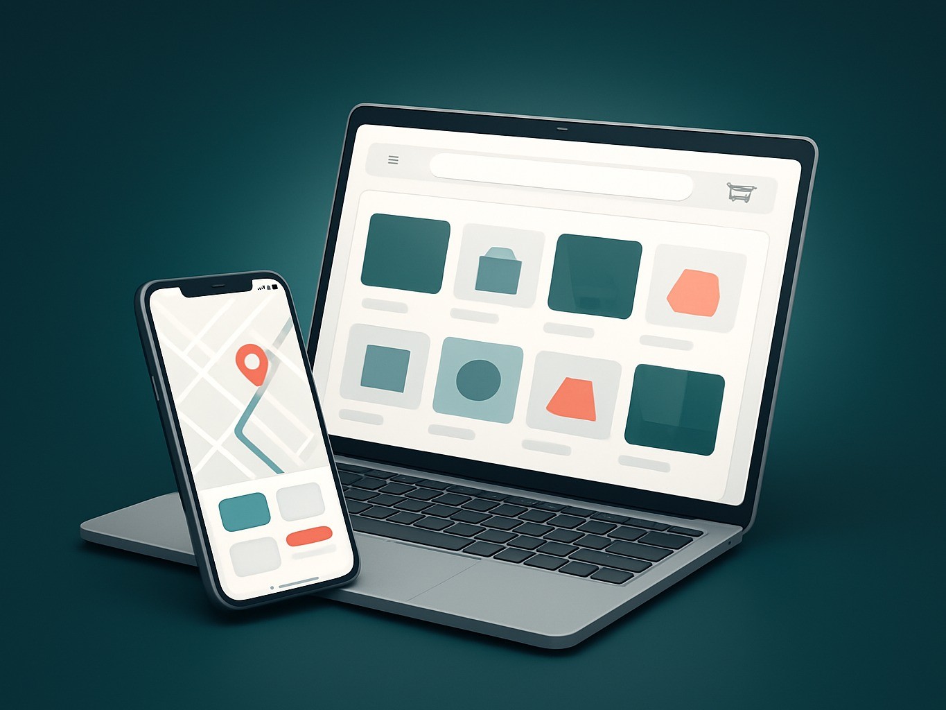 Portátil con una tienda online y móvil con una app de mapa