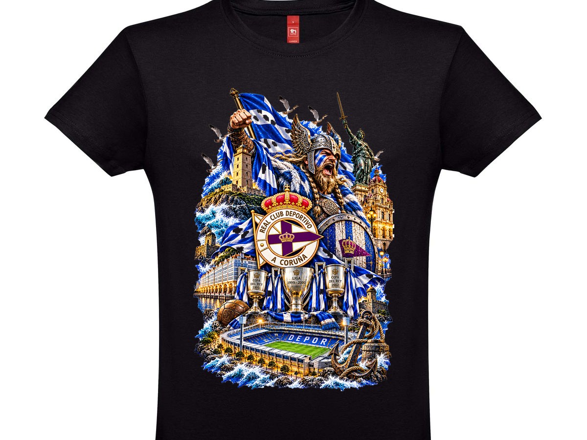 Camiseta del Depor con el vikingo, el escudo y los títulos