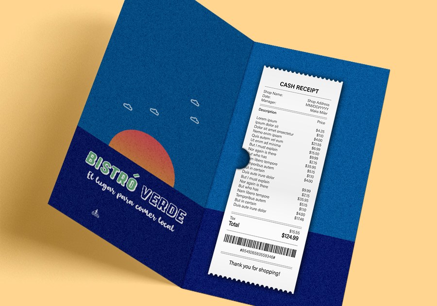 Porta cuentas de papel con muesca recortada y recibo — vista 3