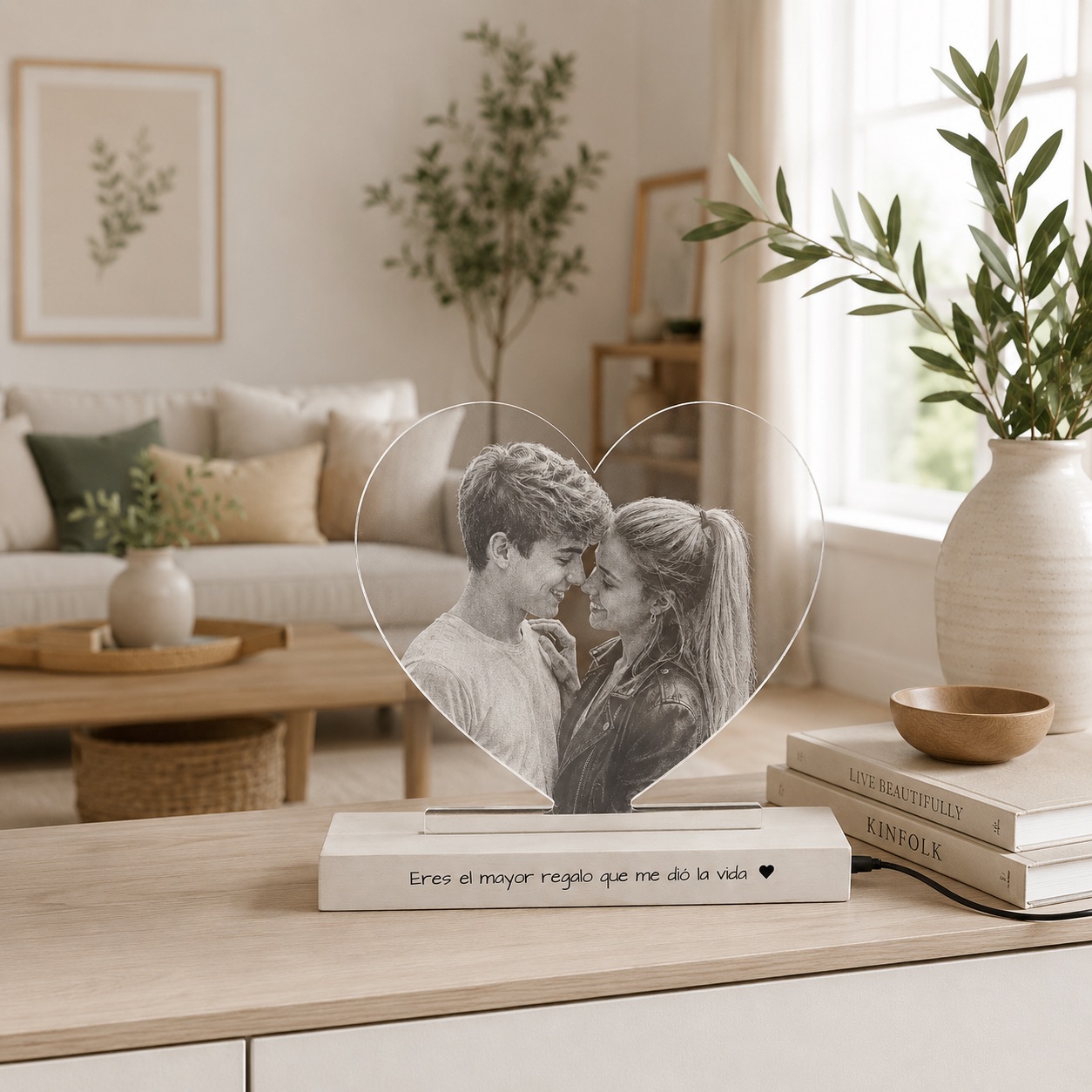 Lámpara corazón personalizada con foto grabada y mensaje en la base — vista 5