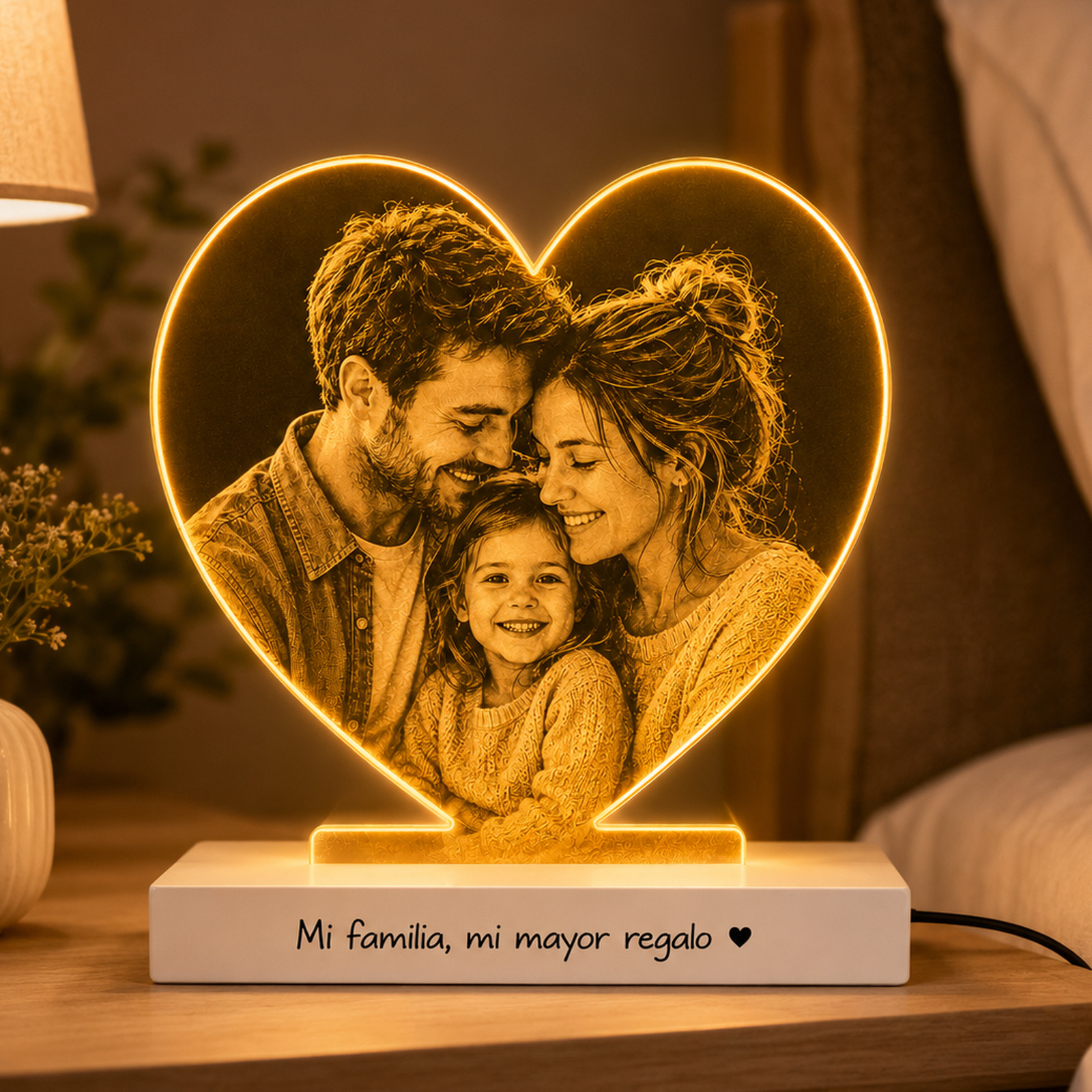 Lámpara corazón personalizada con foto grabada y mensaje en la base — vista 2