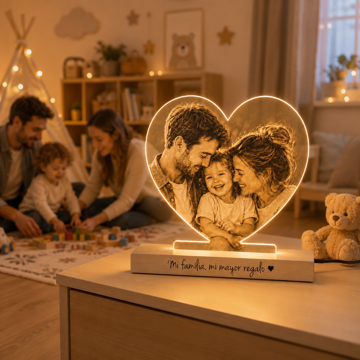 Lámpara corazón personalizada con foto grabada y mensaje en la base — vista 6