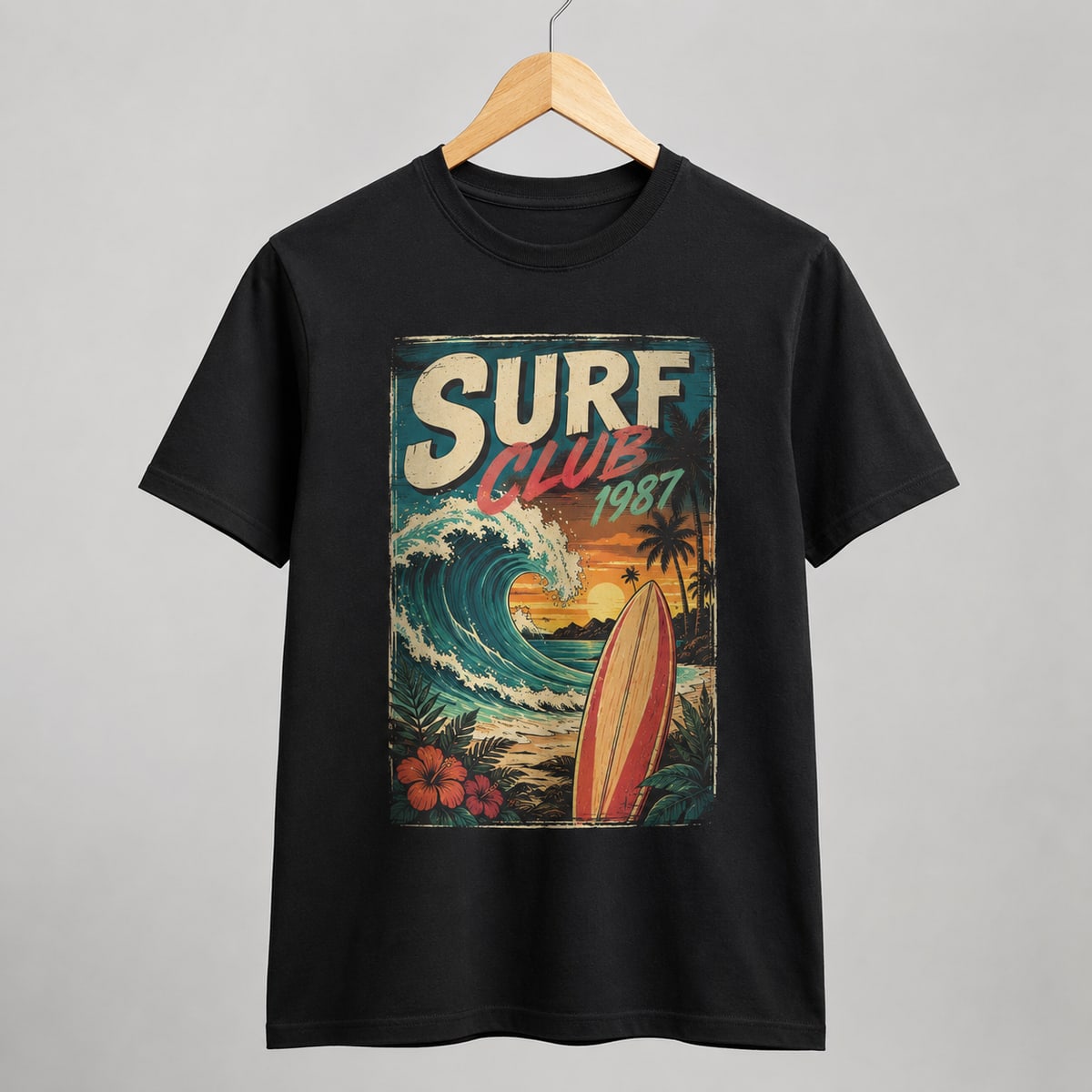 Camiseta negra con un diseño a todo color estampado en DTF